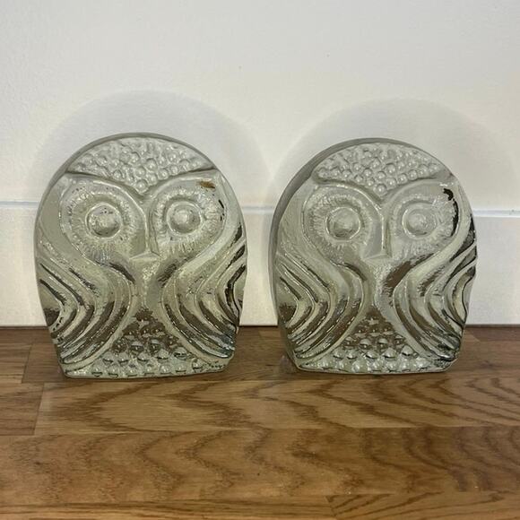Vintage Pilgrim Glass Owl Bookends Pair MCM Mid Century Modern Birds Paperweight - Picture 1 of 4